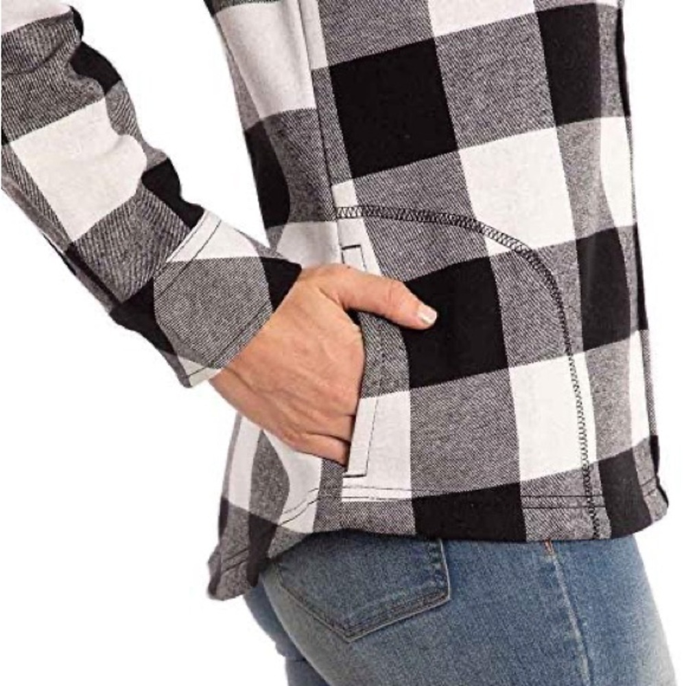 Orvis Plaid Fleece lined Shacket Button Down Top Flannel Black and White medium - Picture 16 of 16